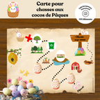 Ensemble de chasses aux trésors imprimables pour enfants comprenant cartes thématiques pâques et 144 éléments-indices à découper. Une activité ludique favorisant l’observation, la déduction, la compréhension et la résolution de problèmes à travers des aventures personnalisées.