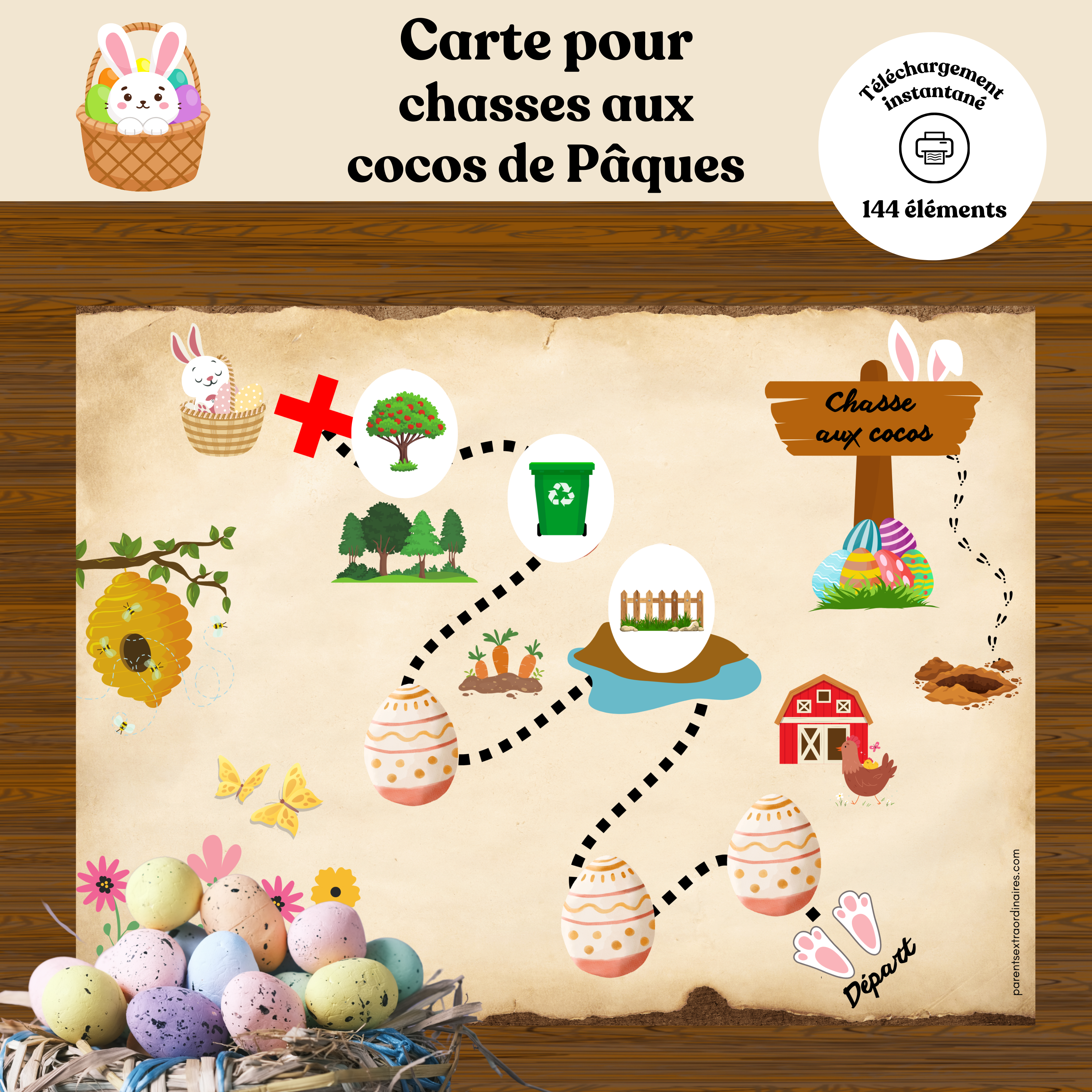 Ensemble de chasses aux trésors imprimables pour enfants comprenant cartes thématiques pâques et 144 éléments-indices à découper. Une activité ludique favorisant l’observation, la déduction, la compréhension et la résolution de problèmes à travers des aventures personnalisées.