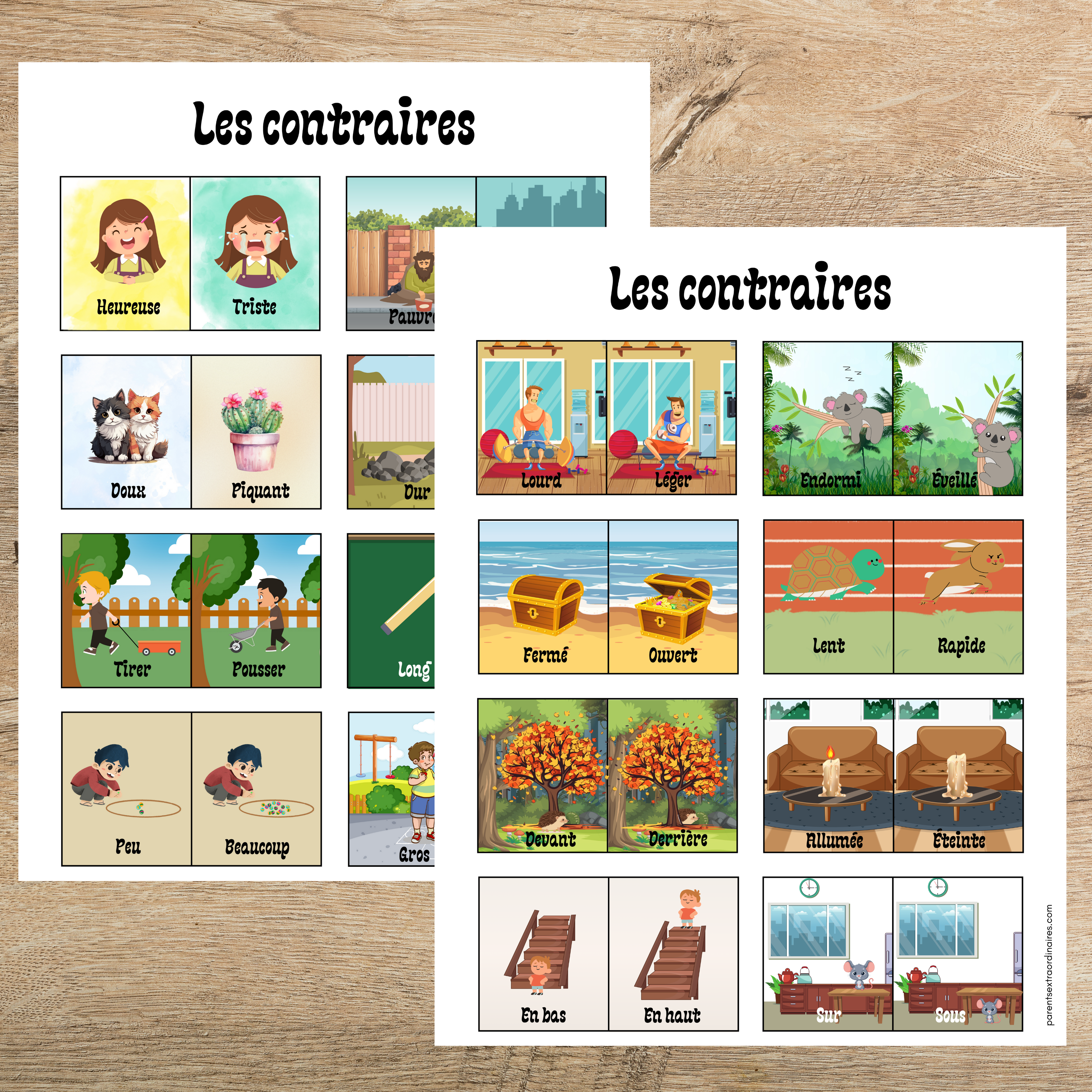 Ressource pédagogique conçue pour aider les enfants à reconnaître, comprendre et associer les contraires grâce à des cartes illustrées faciles à manipuler. Cette activité favorise l’enrichissement du vocabulaire, l’observation, la discrimination visuelle et le développement des compétences langagières.
