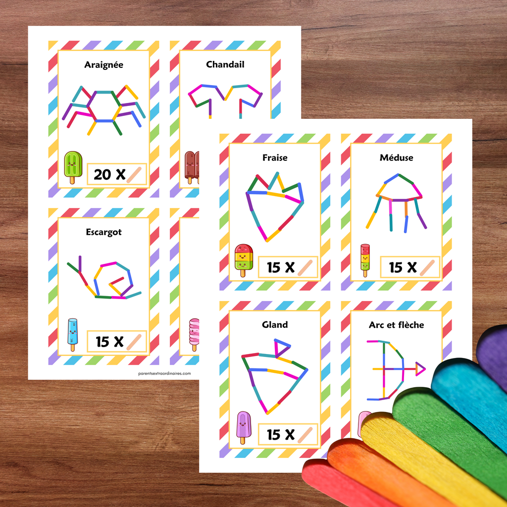 Jeu éducatif permettant de créer les lettres de l’alphabet et les chiffres avec des bâtons de popsicle.