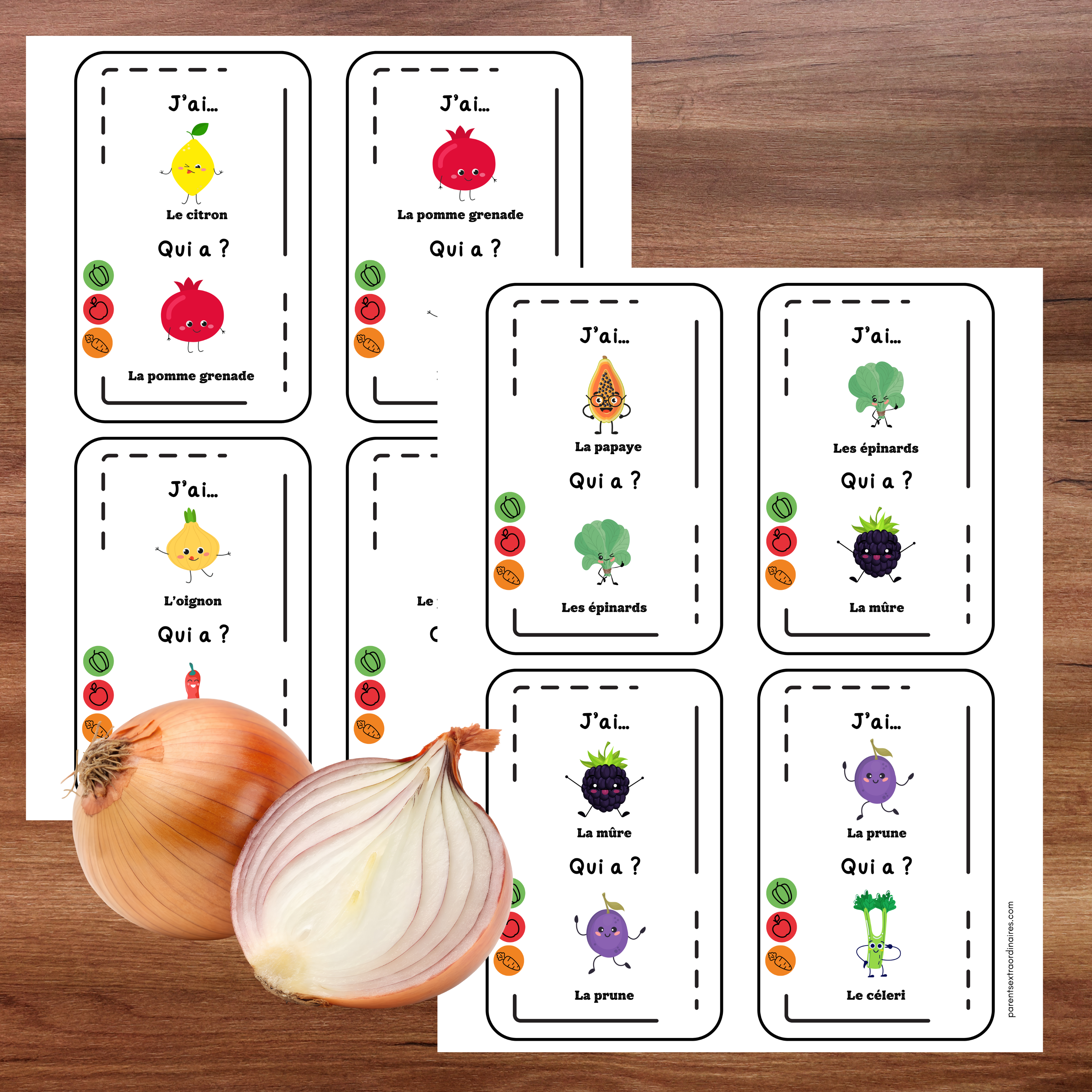 Jeu J’ai qui a des  fruits et légumes à imprimer pour enfants. Une activité de groupe amusante qui développe le vocabulaire, l’attention, la mémoire et les interactions sociales au préscolaire et à la maternelle.
