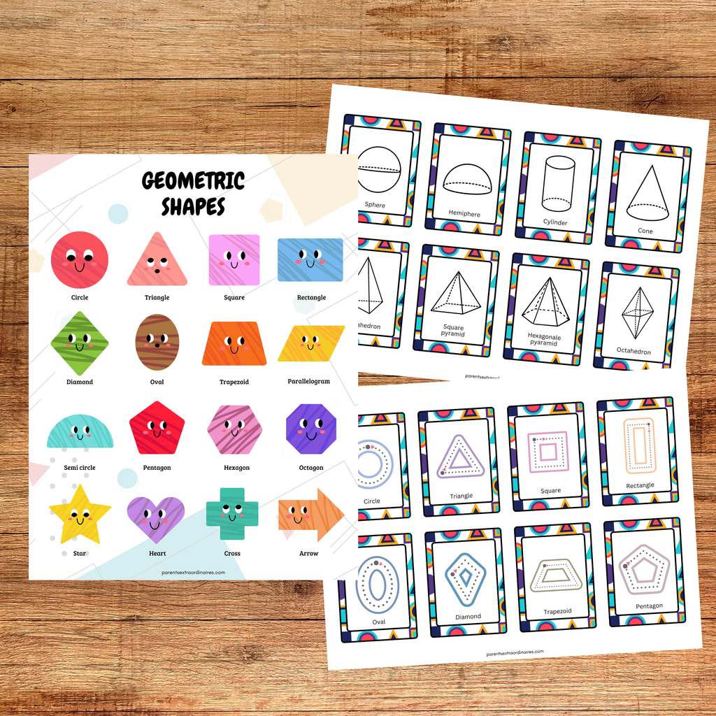 Cartes de nomenclature et affiches éducatives des formes géométriques à imprimer pour apprendre à reconnaître, nommer et différencier les formes au préscolaire et à la maternelle.