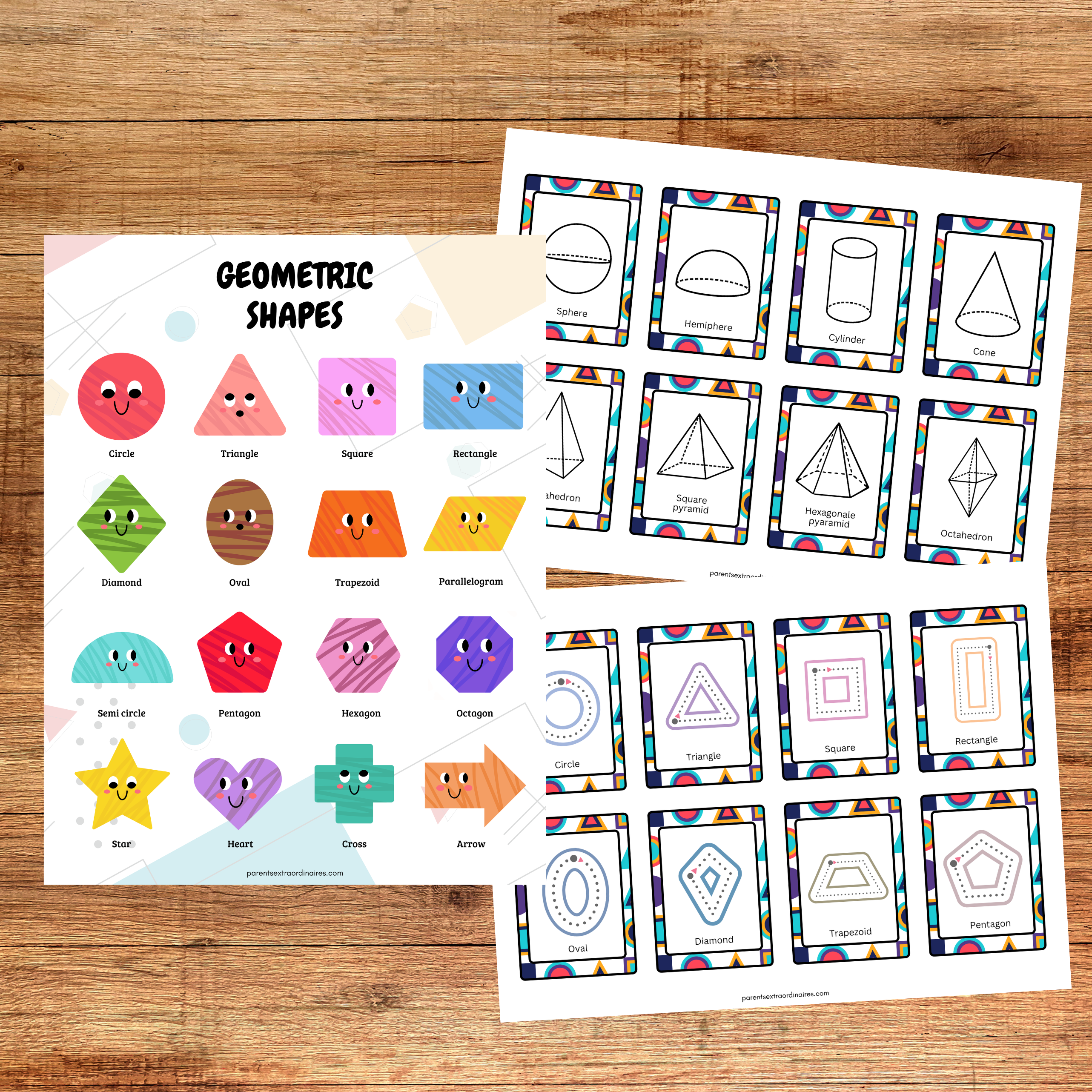 Cartes de nomenclature et affiches éducatives des formes géométriques à imprimer pour apprendre à reconnaître, nommer et différencier les formes au préscolaire et à la maternelle.