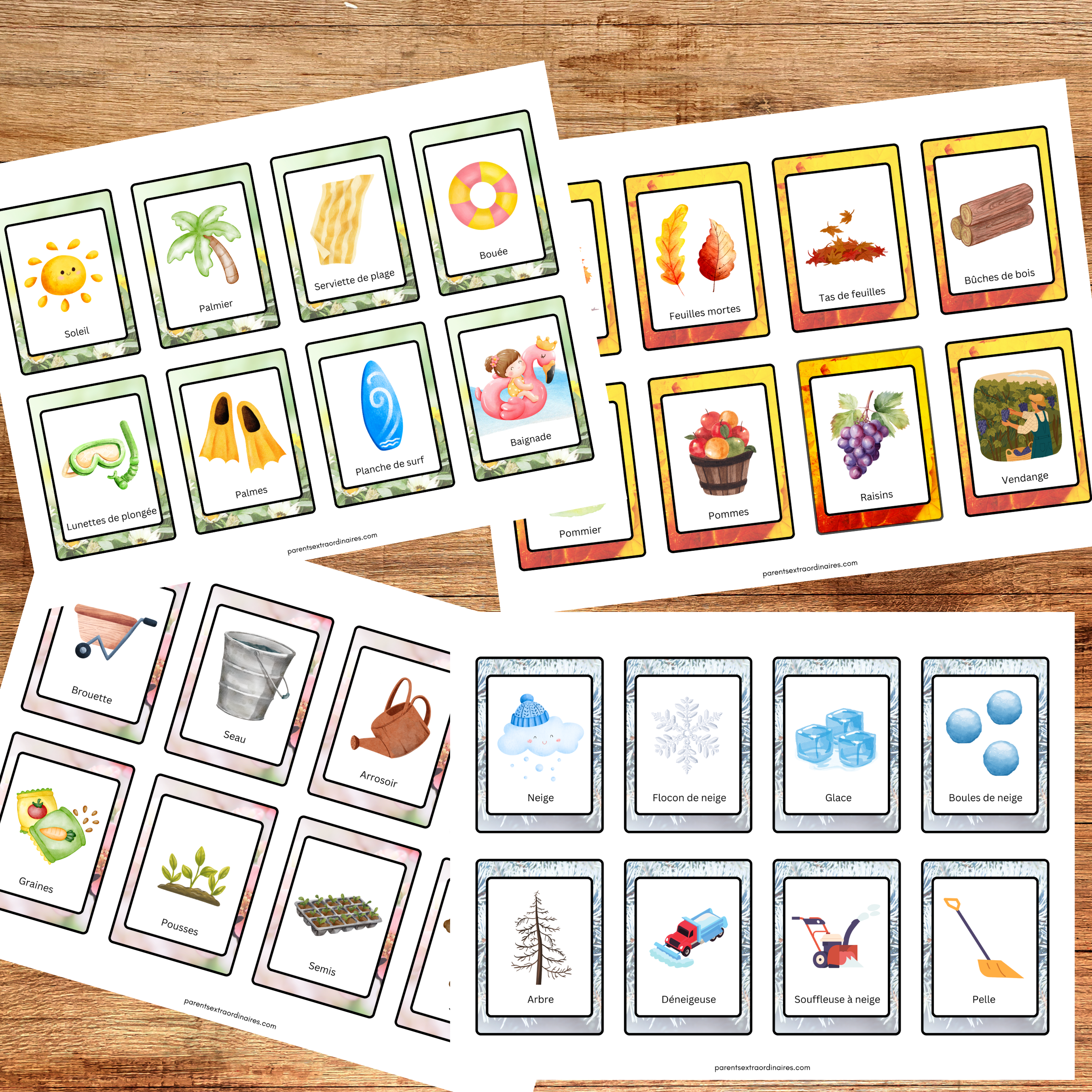 Cartes de nomenclature des saisons à imprimer pour apprendre le vocabulaire lié au printemps, à l'été, à l'automne et à l'hiver au préscolaire et à la maternelle.