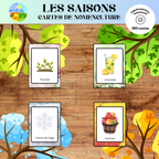Cartes de nomenclature des saisons à imprimer pour apprendre le vocabulaire lié au printemps, à l'été, à l'automne et à l'hiver au préscolaire et à la maternelle.