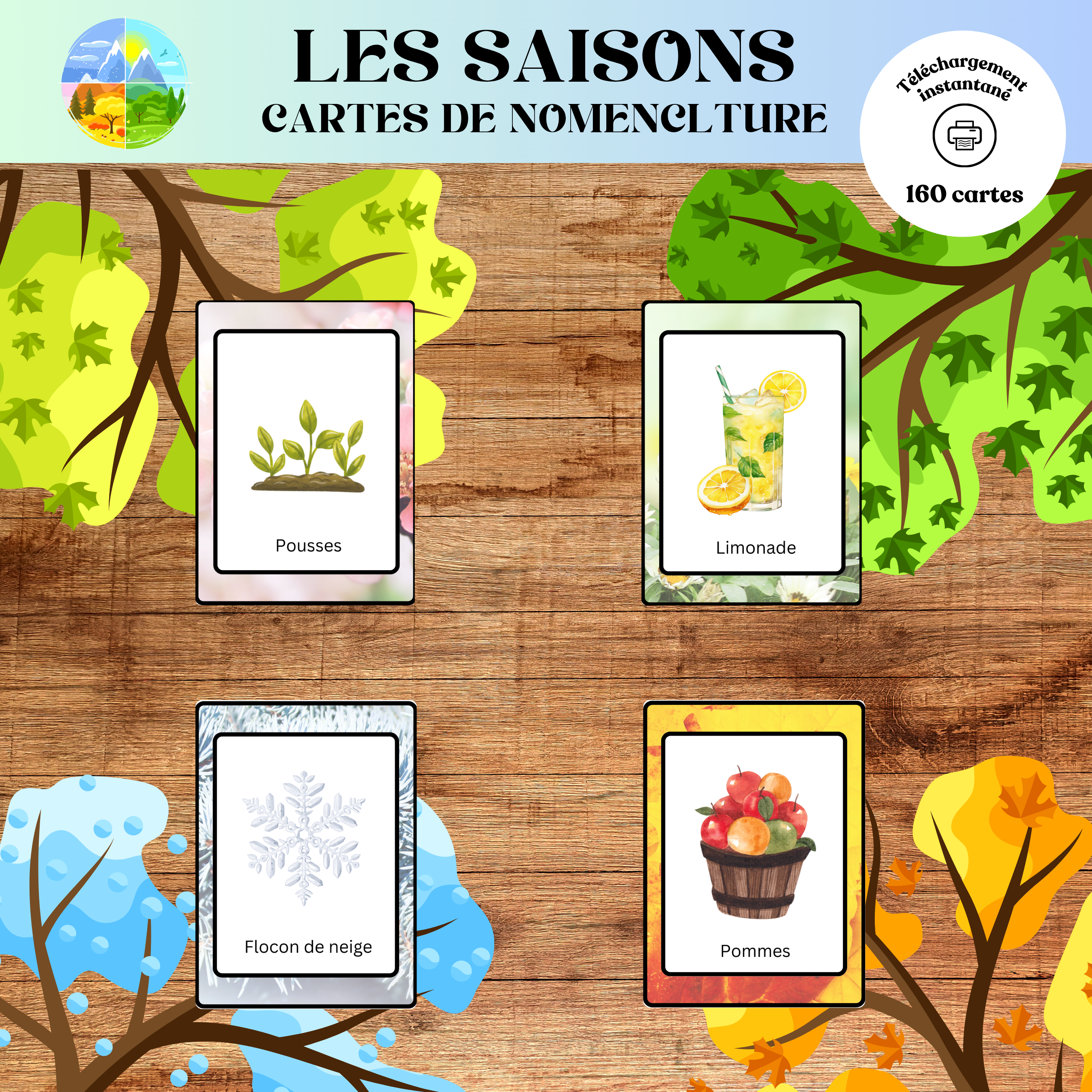 Cartes de nomenclature des saisons à imprimer pour apprendre le vocabulaire lié au printemps, à l'été, à l'automne et à l'hiver au préscolaire et à la maternelle.