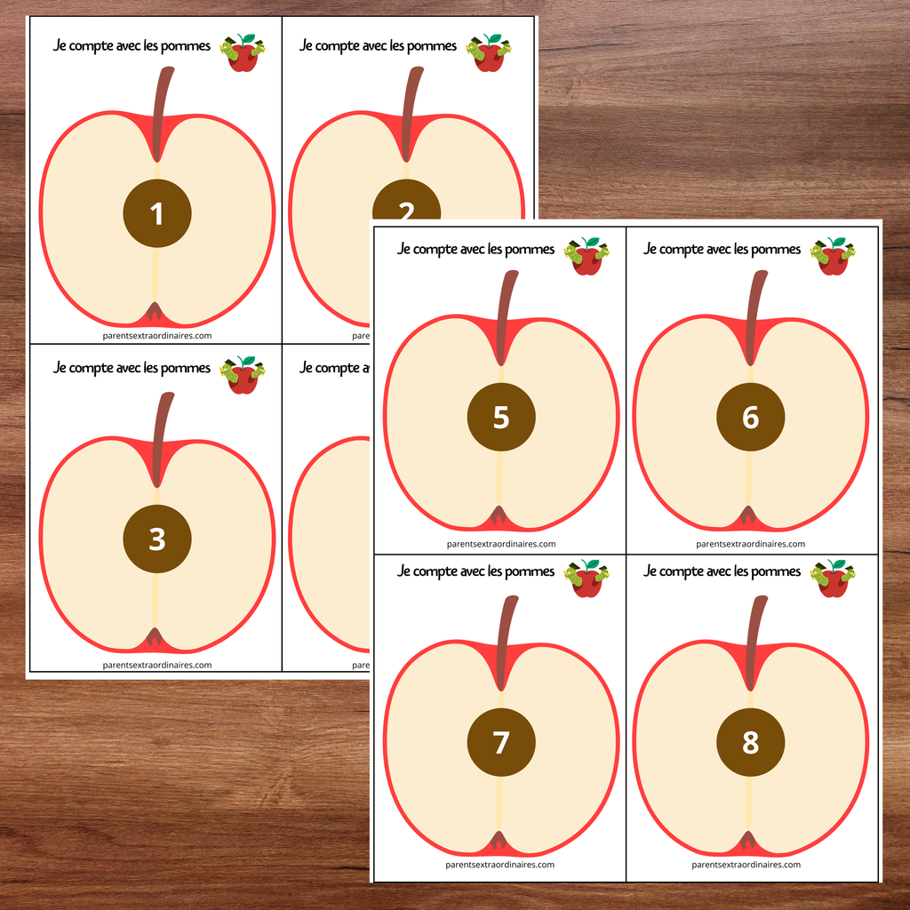 Cartes de pommes numérotées de 1 à 10 pour développer la numération chez les enfants.