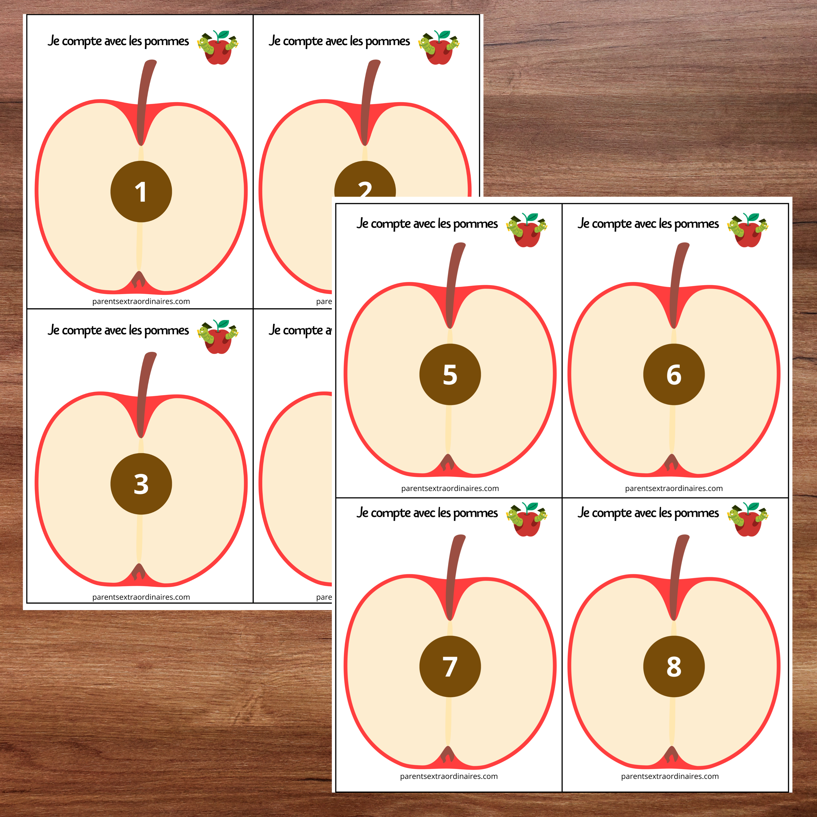 Cartes de pommes numérotées de 1 à 10 pour développer la numération chez les enfants.