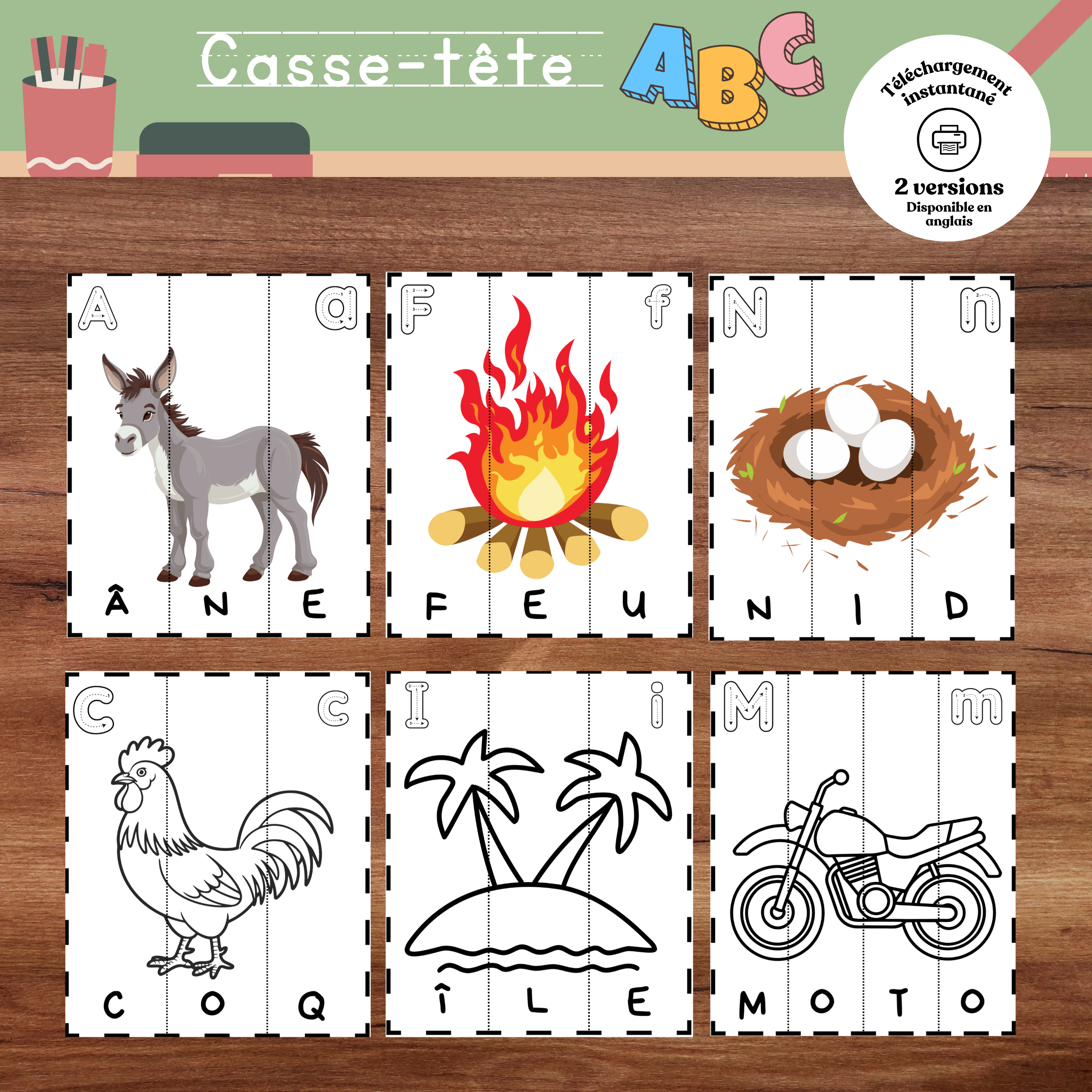 Casse-tête de l’alphabet imprimables permettant aux enfants d’associer les lettres à des illustrations d’objets ou d’animaux afin de développer la reconnaissance des lettres, le vocabulaire, la motricité fine et les premières habiletés en lecture.