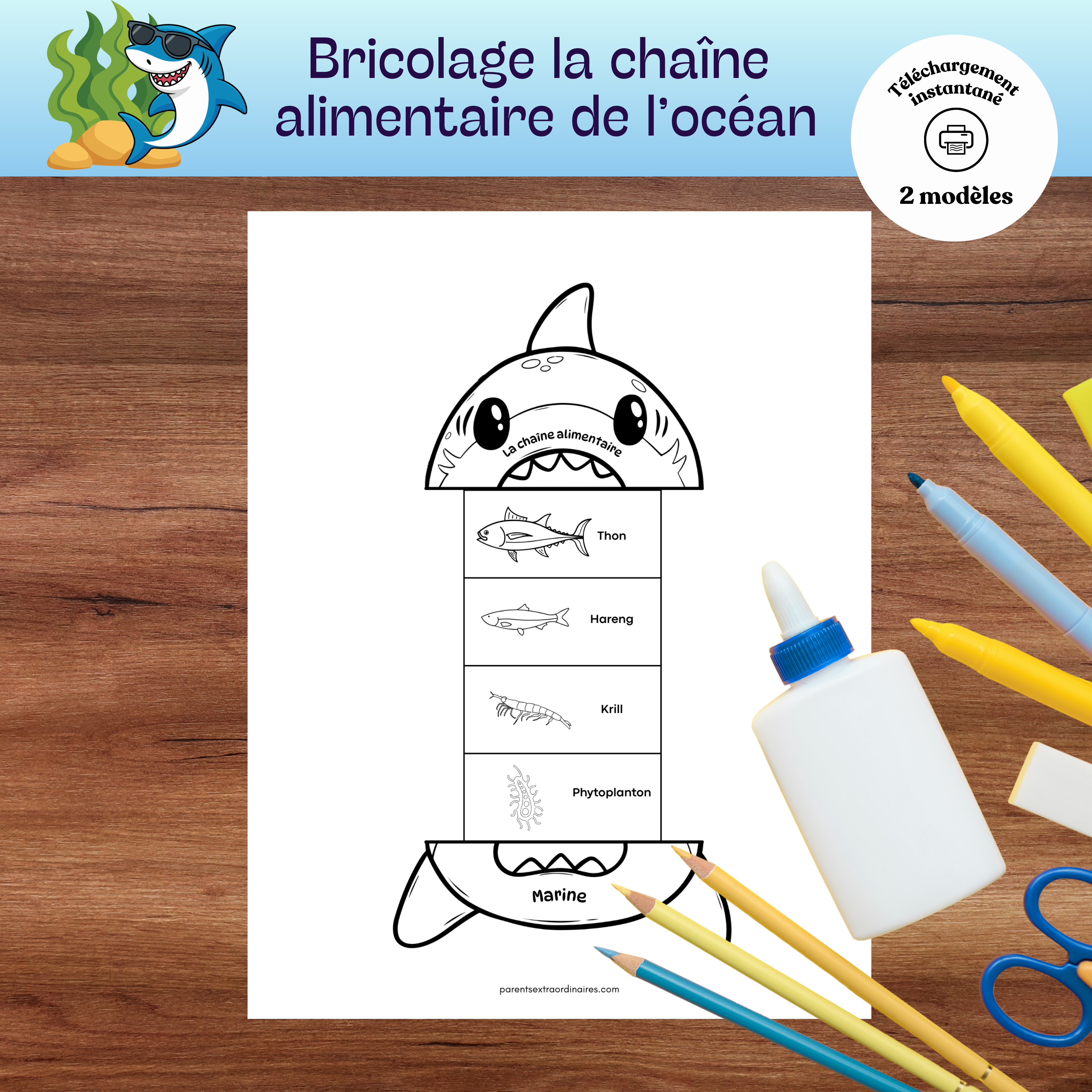 Bricolage chaîne alimentaire de l’océan à imprimer sous forme de schéma pliable pour enfants.