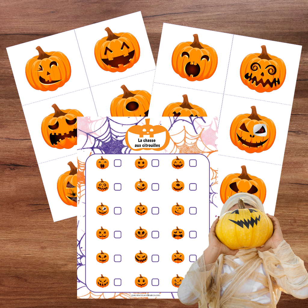 citrouilles différentes à découper pour une chasse d’Halloween
Fiche de contrôle de la chasse aux citrouilles pour enfants
Activité de chasse aux citrouilles à faire à l’intérieur ou à l’extérieur
Citrouilles d’Halloween à découper et cacher pour un jeu d’observation