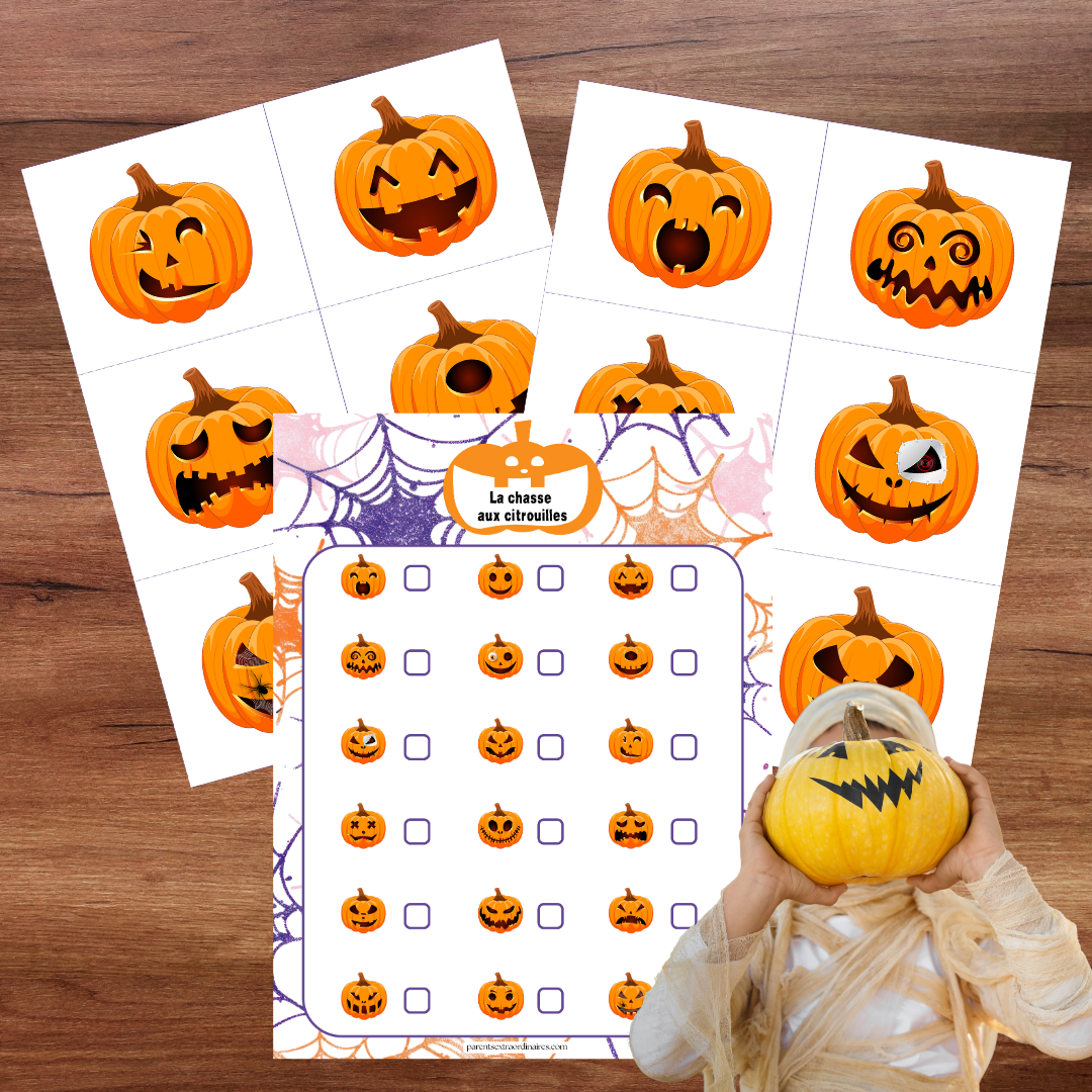 citrouilles différentes à découper pour une chasse d’Halloween
Fiche de contrôle de la chasse aux citrouilles pour enfants
Activité de chasse aux citrouilles à faire à l’intérieur ou à l’extérieur
Citrouilles d’Halloween à découper et cacher pour un jeu d’observation