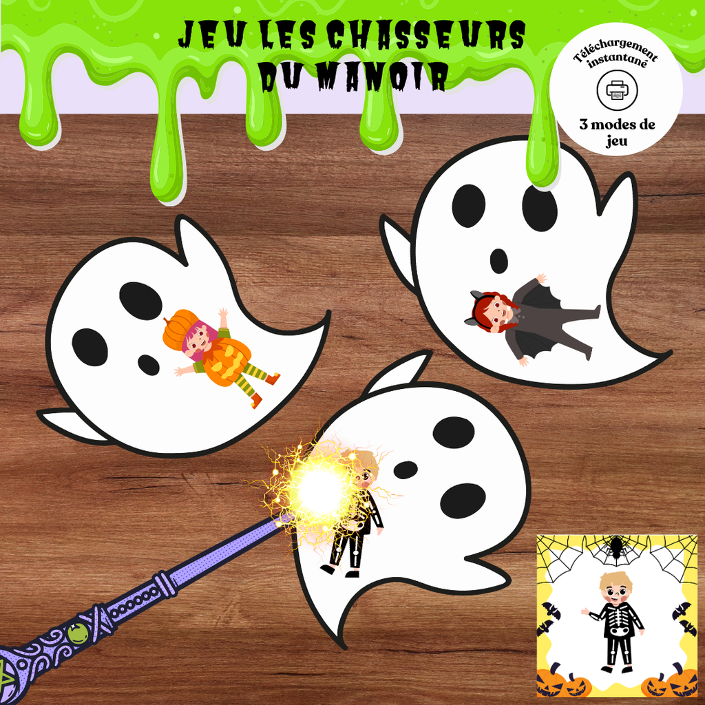 Jeu La chasse aux fantômes d’Halloween avec baguettes magiques et cartes à imprimer