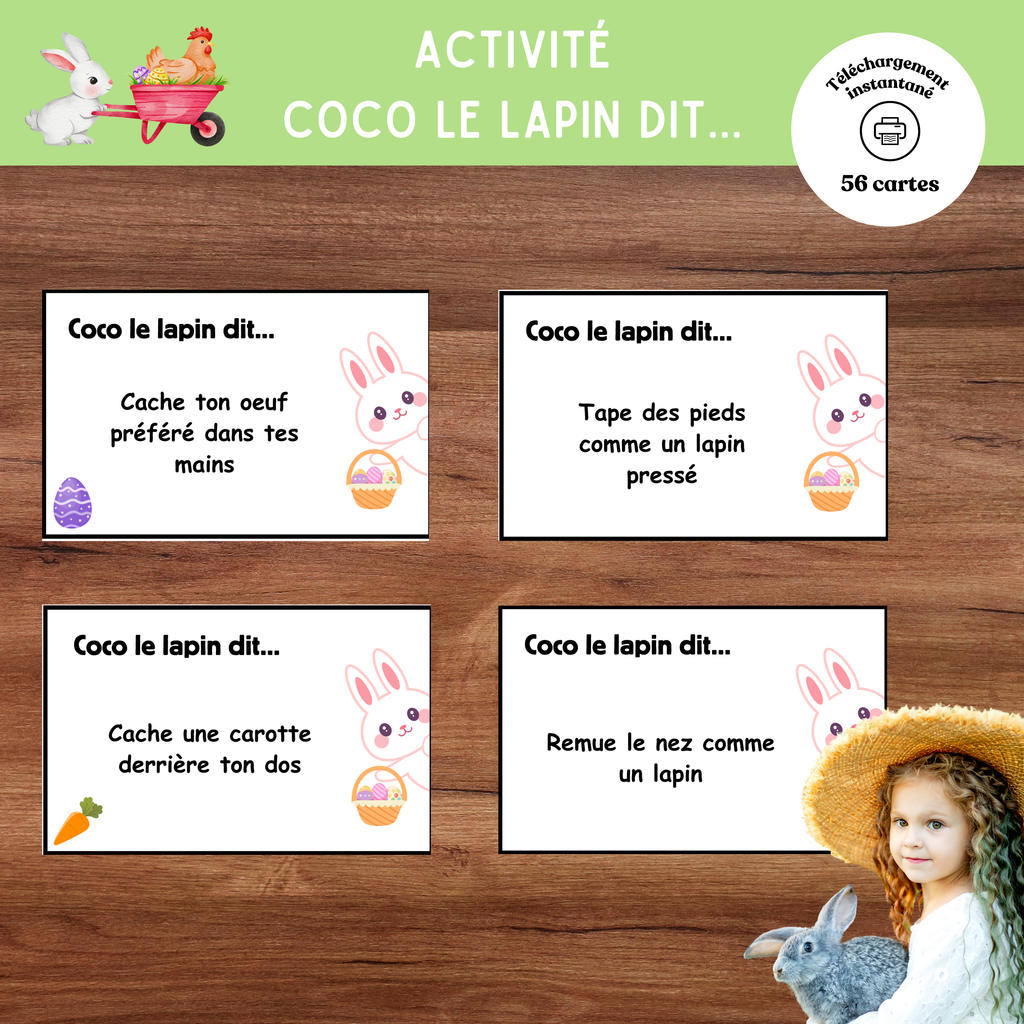 Jeu Coco le lapin dit à imprimer, une version de Pâques du célèbre jeu Jean dit pour développer l’écoute et l’attention.