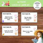 Jeu Coco le lapin dit à imprimer, une version de Pâques du célèbre jeu Jean dit pour développer l’écoute et l’attention.