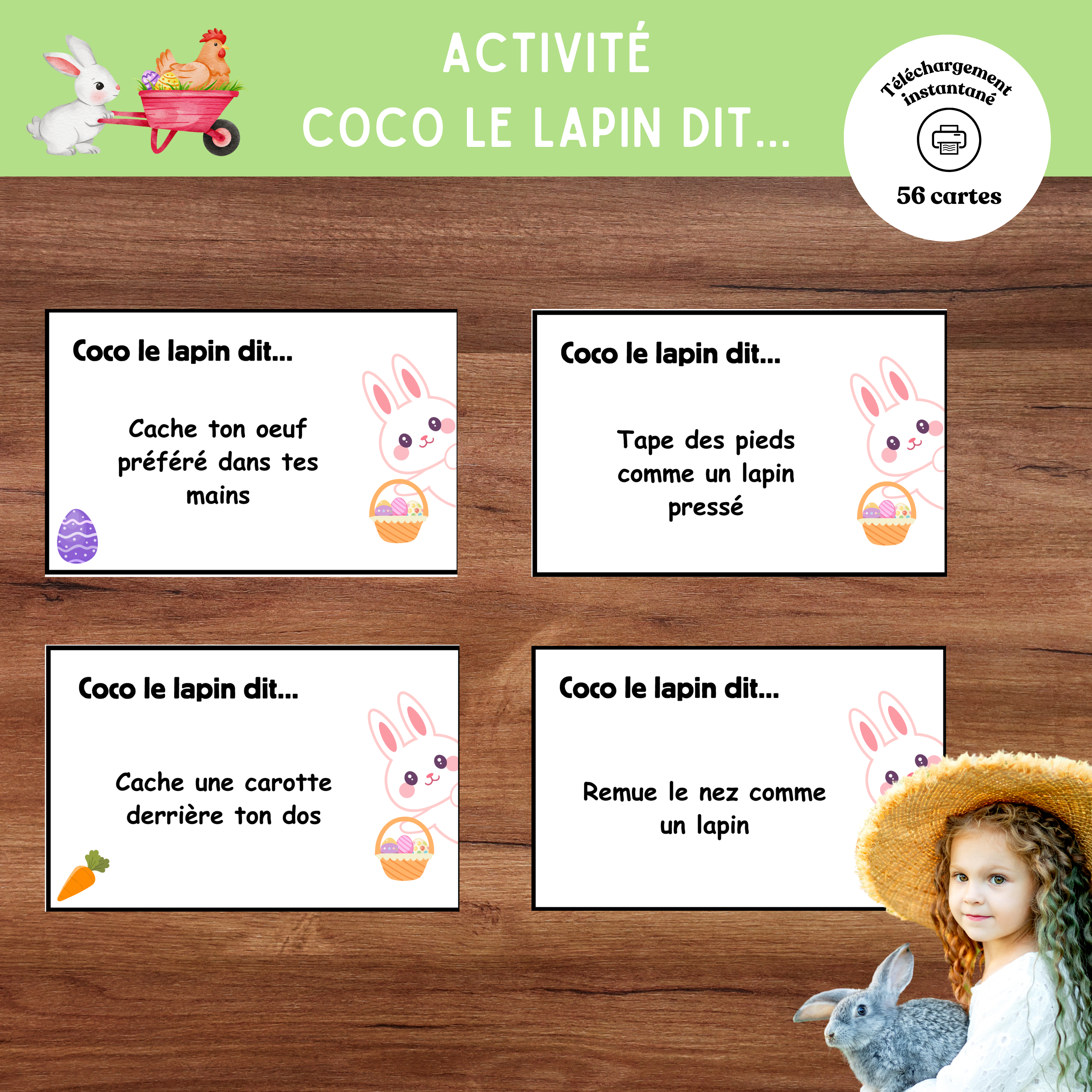 Jeu Coco le lapin dit à imprimer, une version de Pâques du célèbre jeu Jean dit pour développer l’écoute et l’attention.