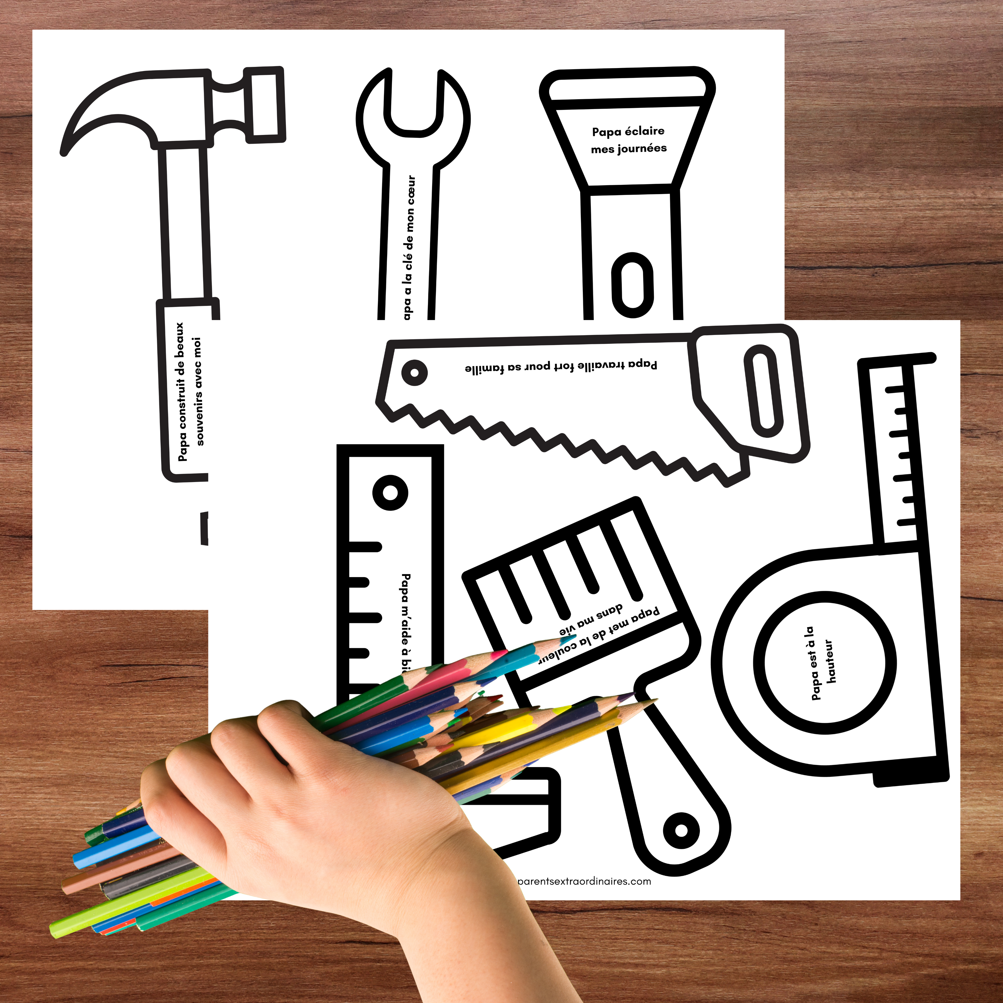 Bricolage coffre à outils fête des Pères à colorier, découper et assembler pour enfant.