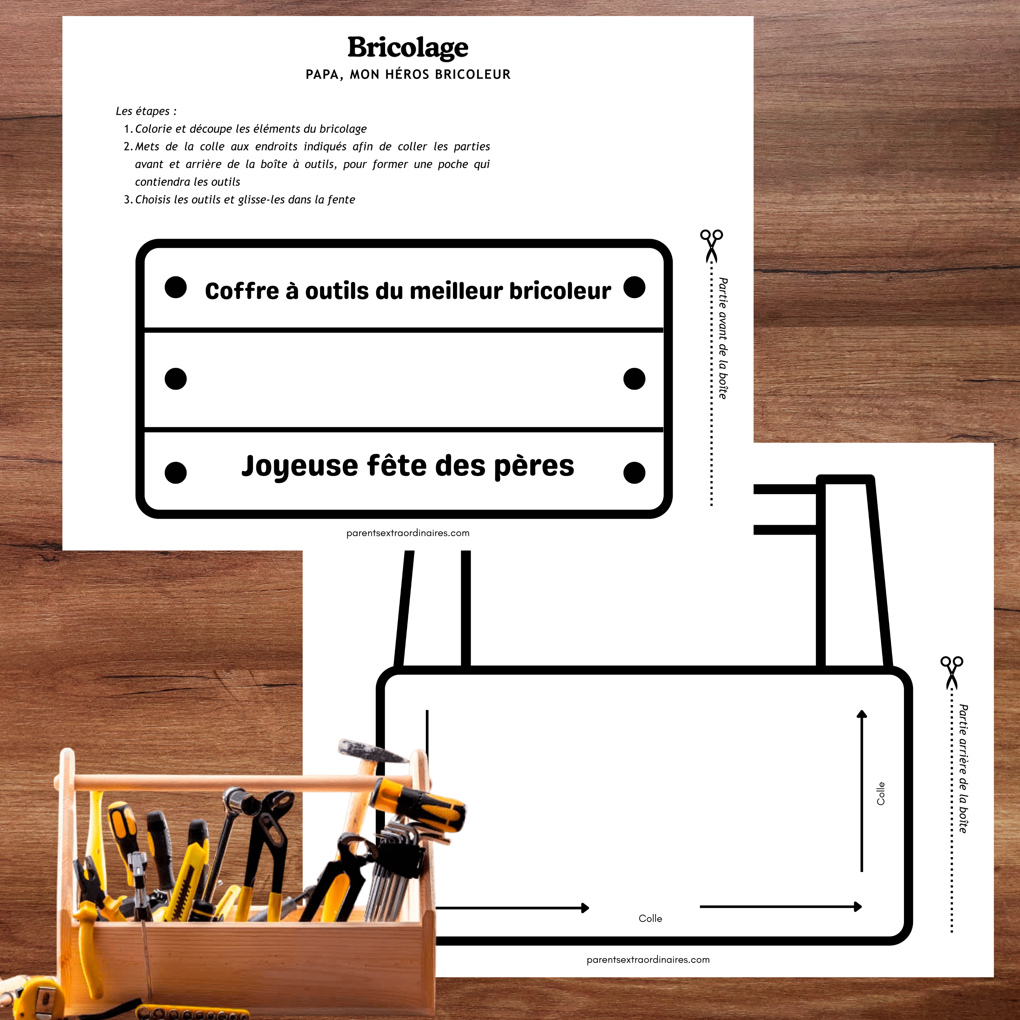 Bricolage coffre à outils fête des Pères à colorier, découper et assembler pour enfant.