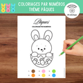 Coloriages à numéros de Pâques à imprimer comprenant des lapins, œufs décorés, poussins et scènes printanières à colorier selon un code de couleurs.