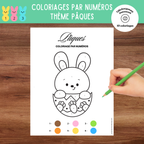 Coloriages à numéros de Pâques à imprimer comprenant des lapins, œufs décorés, poussins et scènes printanières à colorier selon un code de couleurs.
