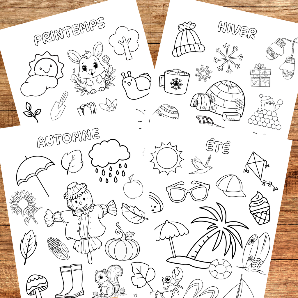 Coloriages éducatifs et bricolage de la roue des saisons à imprimer pour apprendre le printemps, l'été, l'automne et l'hiver tout en développant la motricité fine et la créativité.