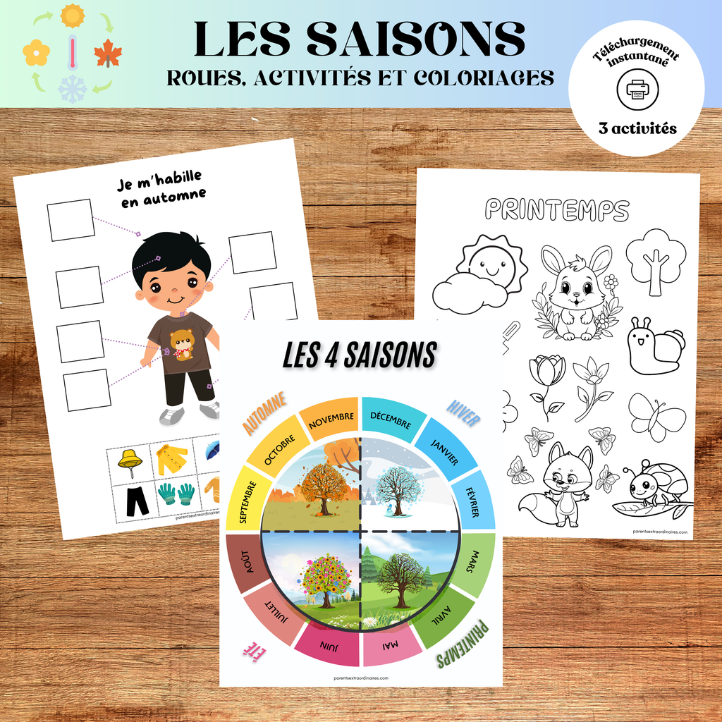 Coloriages éducatifs et bricolage de la roue des saisons à imprimer pour apprendre le printemps, l'été, l'automne et l'hiver tout en développant la motricité fine et la créativité.