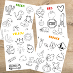 Coloriages éducatifs sur les couleurs à imprimer permettant aux enfants de reconnaître les couleurs tout en développant leur motricité fine et leur créativité.