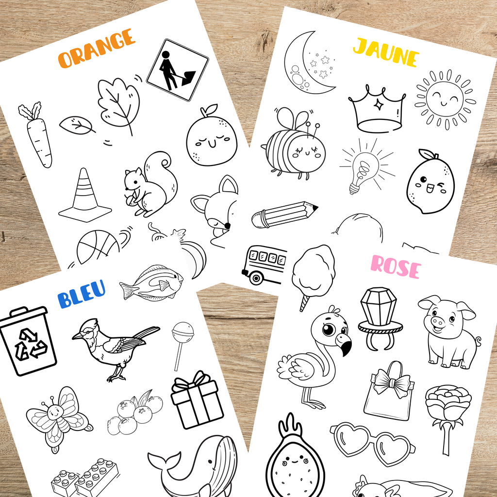 Coloriages éducatifs sur les couleurs à imprimer permettant aux enfants de reconnaître les couleurs tout en développant leur motricité fine et leur créativité.