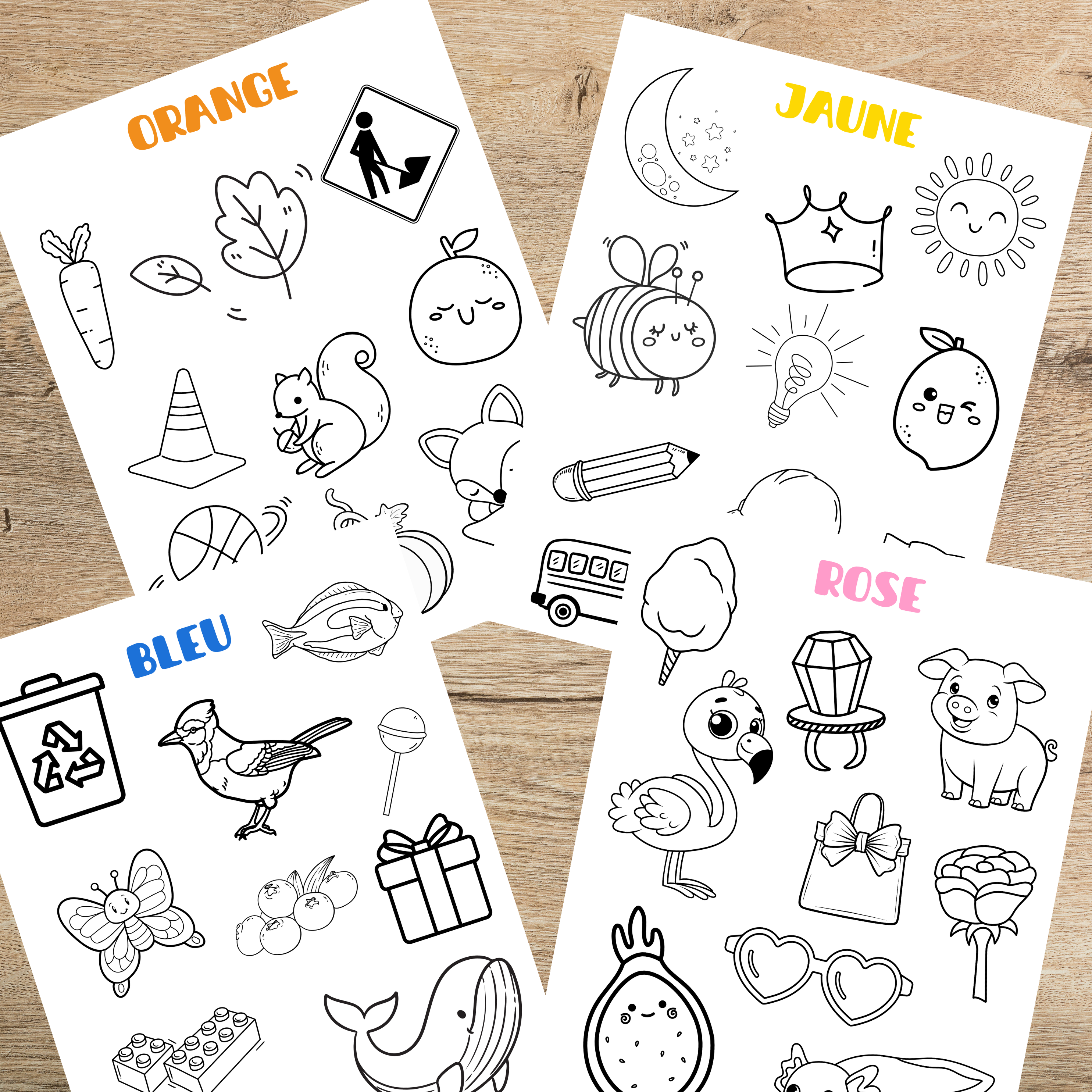 Coloriages éducatifs sur les couleurs à imprimer permettant aux enfants de reconnaître les couleurs tout en développant leur motricité fine et leur créativité.