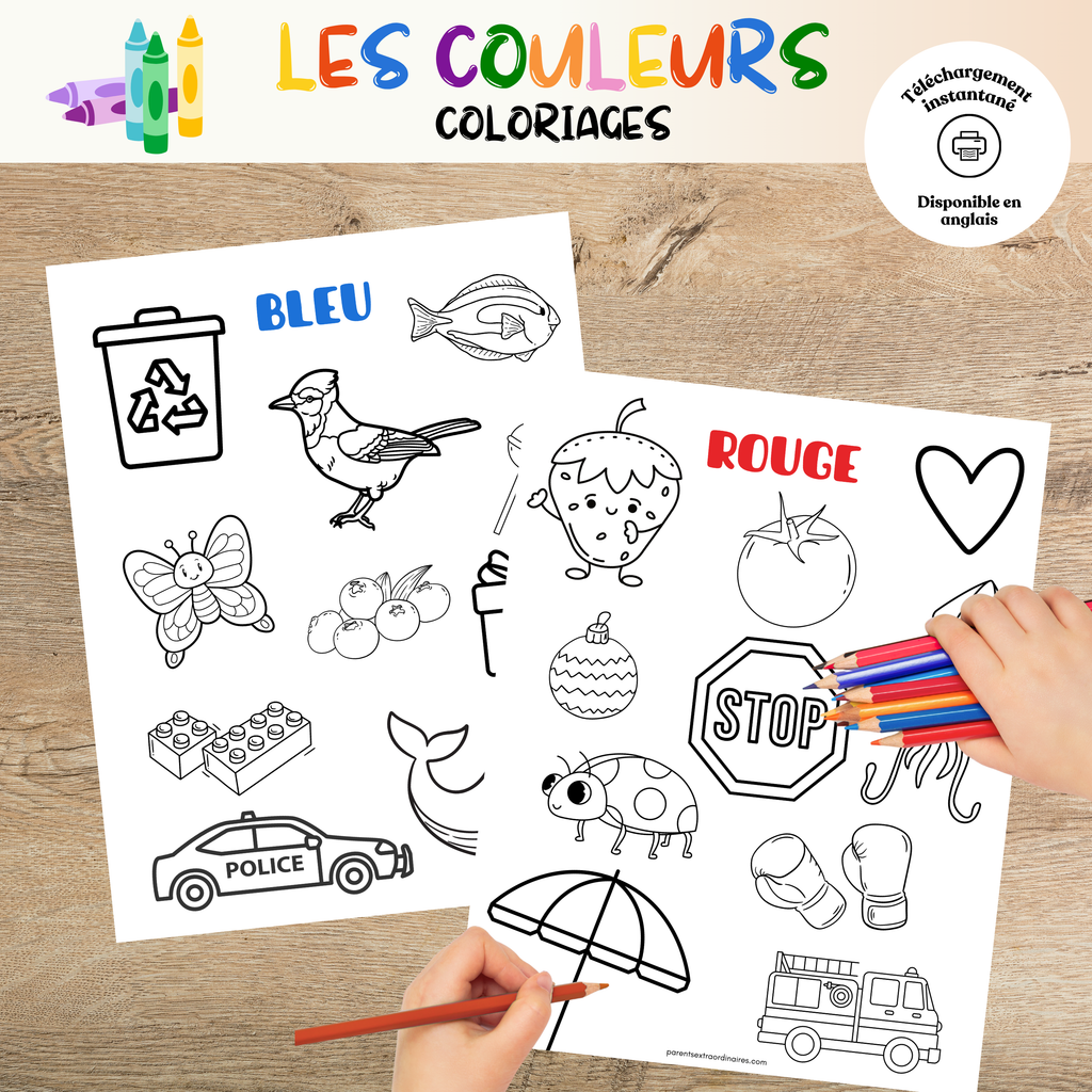 Coloriages éducatifs sur les couleurs à imprimer permettant aux enfants de reconnaître les couleurs tout en développant leur motricité fine et leur créativité.