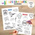 Coloriages éducatifs sur les couleurs à imprimer permettant aux enfants de reconnaître les couleurs tout en développant leur motricité fine et leur créativité.