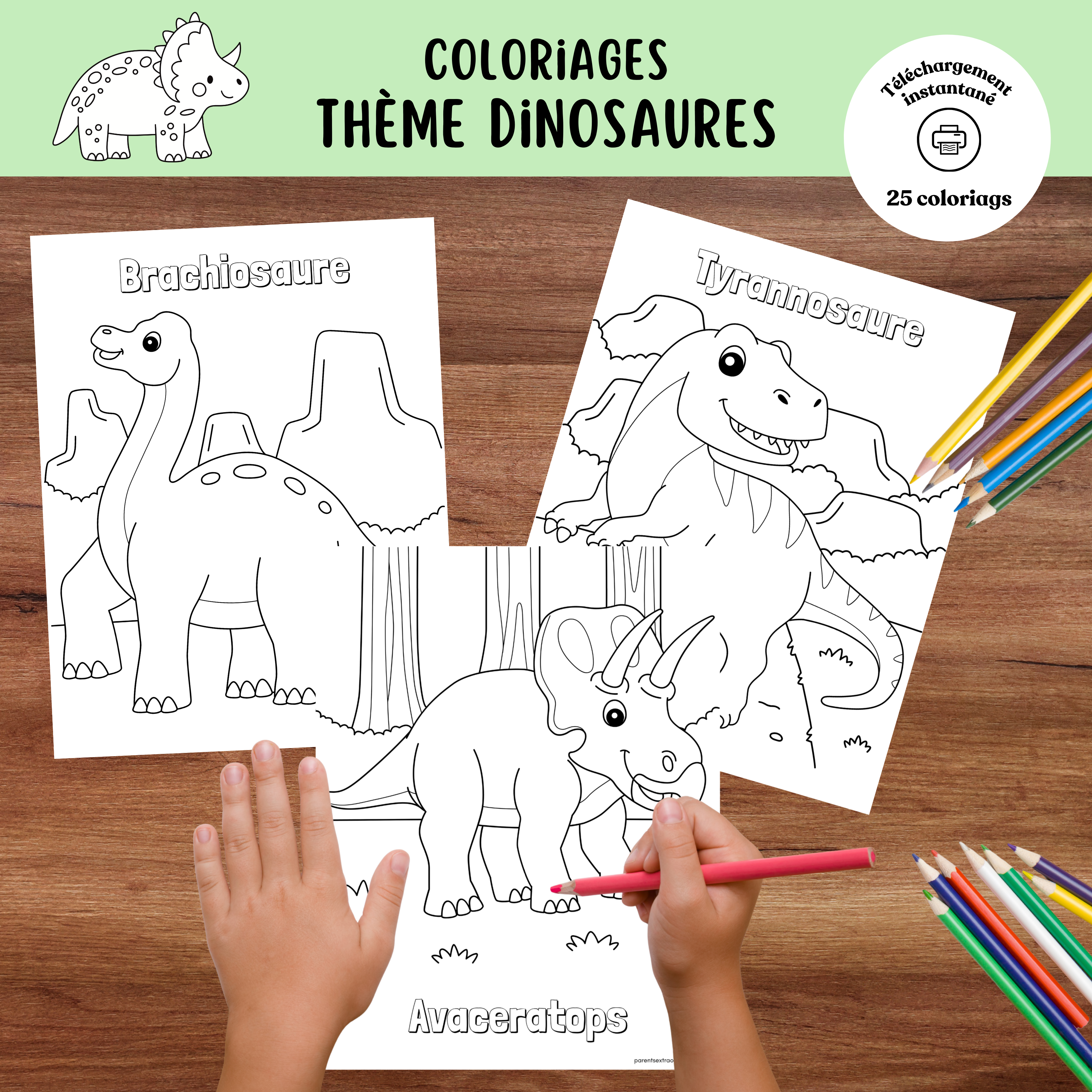 Ensemble de coloriages dinosaures à imprimer pour enfants comprenant différentes espèces de dinosaures à colorier.