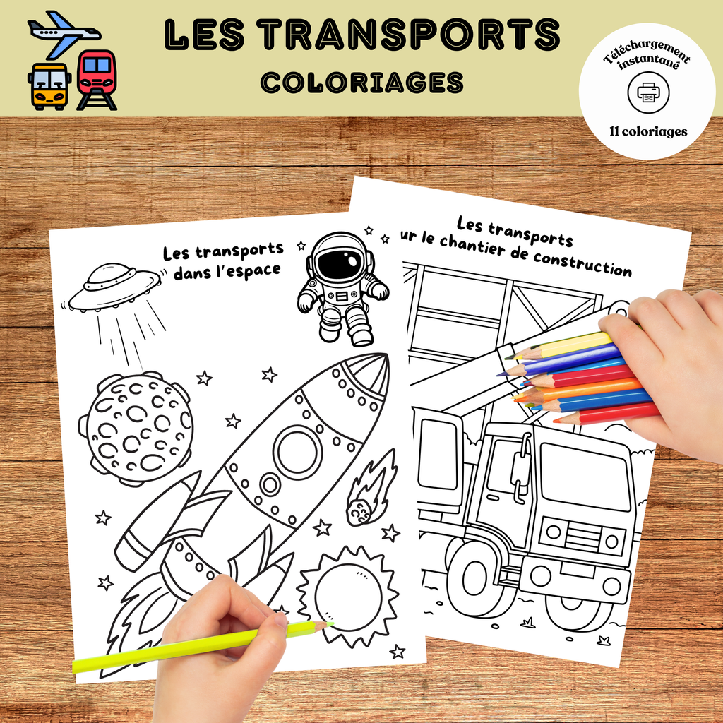 Enfant réalisant des coloriages éducatifs sur les moyens de transport avec voiture, avion, bateau, train, camion et hélicoptère. Activité imprimable pour enfants d'âge préscolaire.