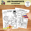 Enfant réalisant des coloriages éducatifs sur les moyens de transport avec voiture, avion, bateau, train, camion et hélicoptère. Activité imprimable pour enfants d'âge préscolaire.