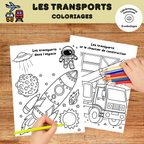 Enfant réalisant des coloriages éducatifs sur les moyens de transport avec voiture, avion, bateau, train, camion et hélicoptère. Activité imprimable pour enfants d'âge préscolaire.