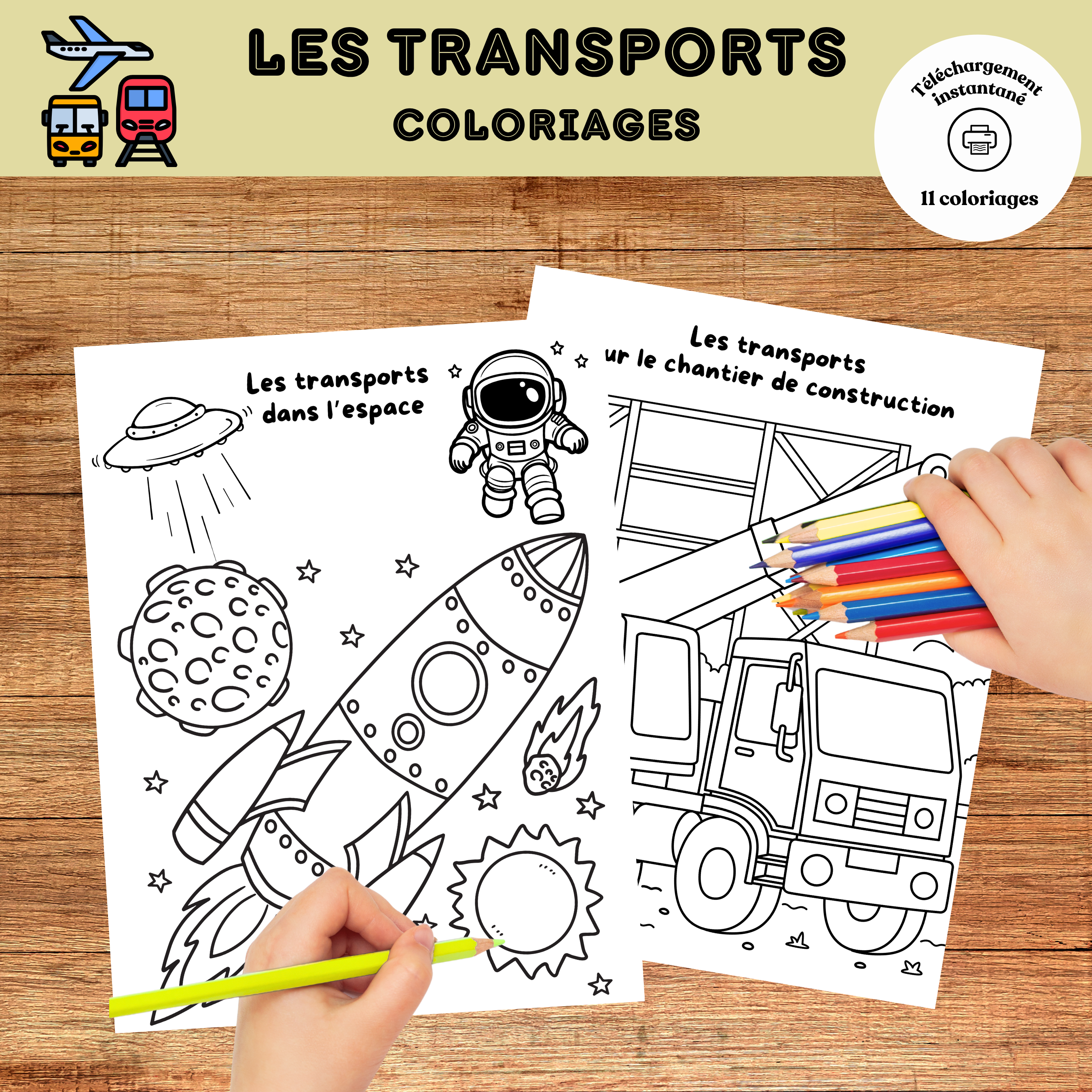 Enfant réalisant des coloriages éducatifs sur les moyens de transport avec voiture, avion, bateau, train, camion et hélicoptère. Activité imprimable pour enfants d'âge préscolaire.