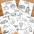 Enfant réalisant des coloriages éducatifs sur les moyens de transport avec voiture, avion, bateau, train, camion et hélicoptère. Activité imprimable pour enfants d'âge préscolaire.