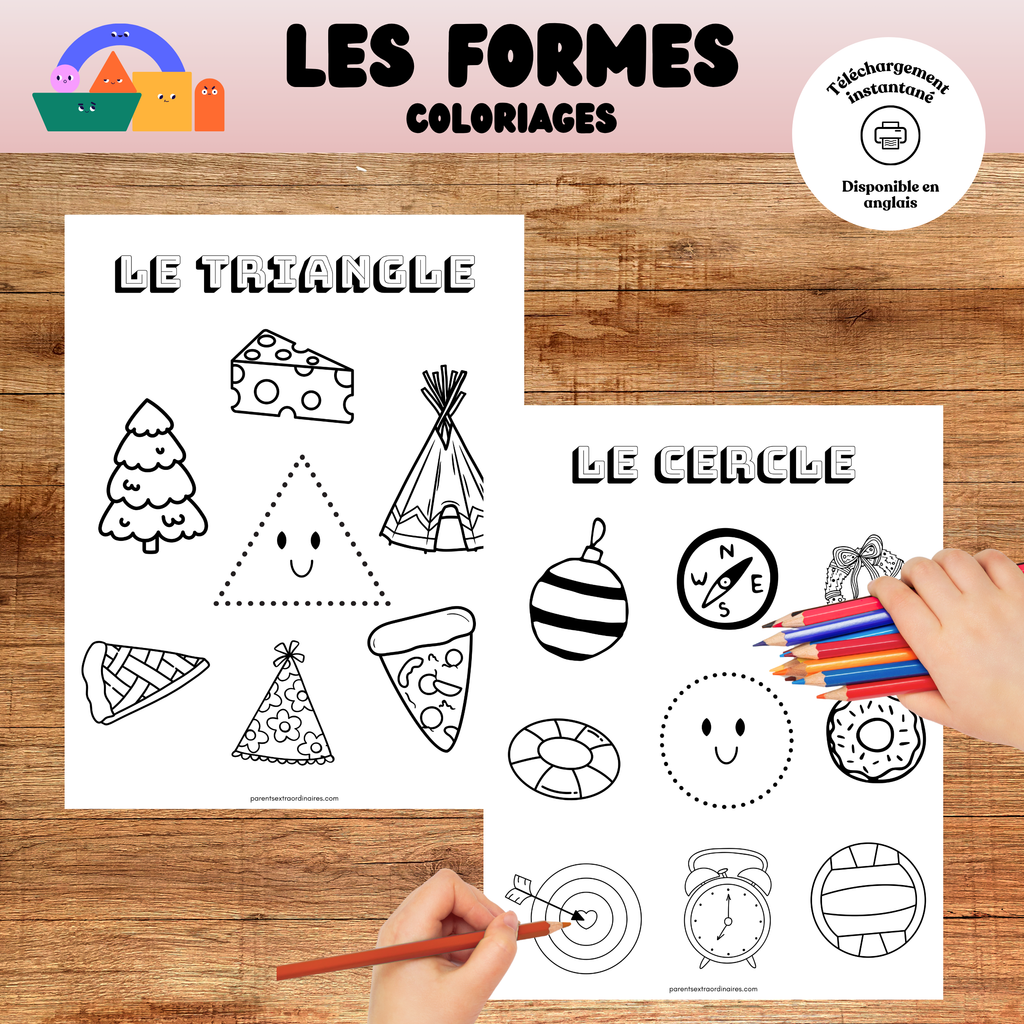 Coloriages éducatifs sur les formes géométriques à imprimer pour aider les enfants à reconnaître les formes tout en développant leur motricité fine et leur créativité.