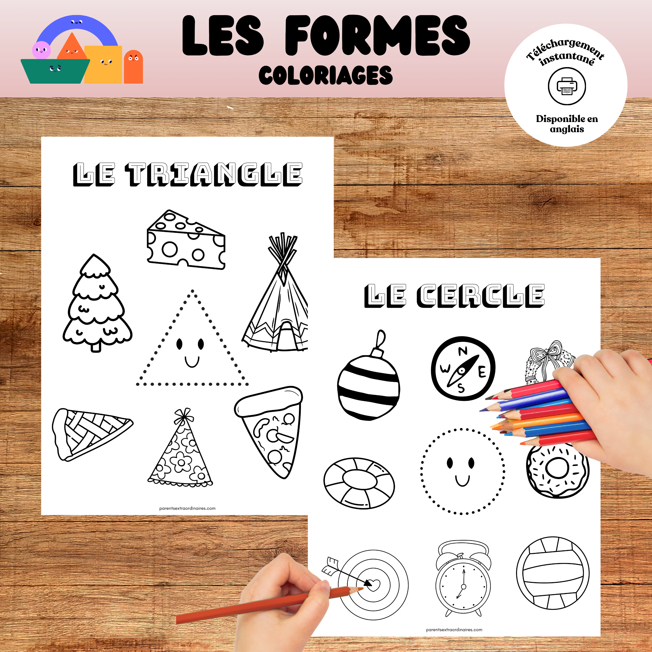 Coloriages éducatifs sur les formes géométriques à imprimer pour aider les enfants à reconnaître les formes tout en développant leur motricité fine et leur créativité.