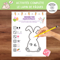 Jeu éducatif de Pâques où les enfants construisent un lapin en ajoutant des éléments selon le résultat du dé.