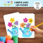 Activité gratuite compte avec les fleurs à imprimer où l’enfant compte et manipule des pompons ou pâte à modeler.