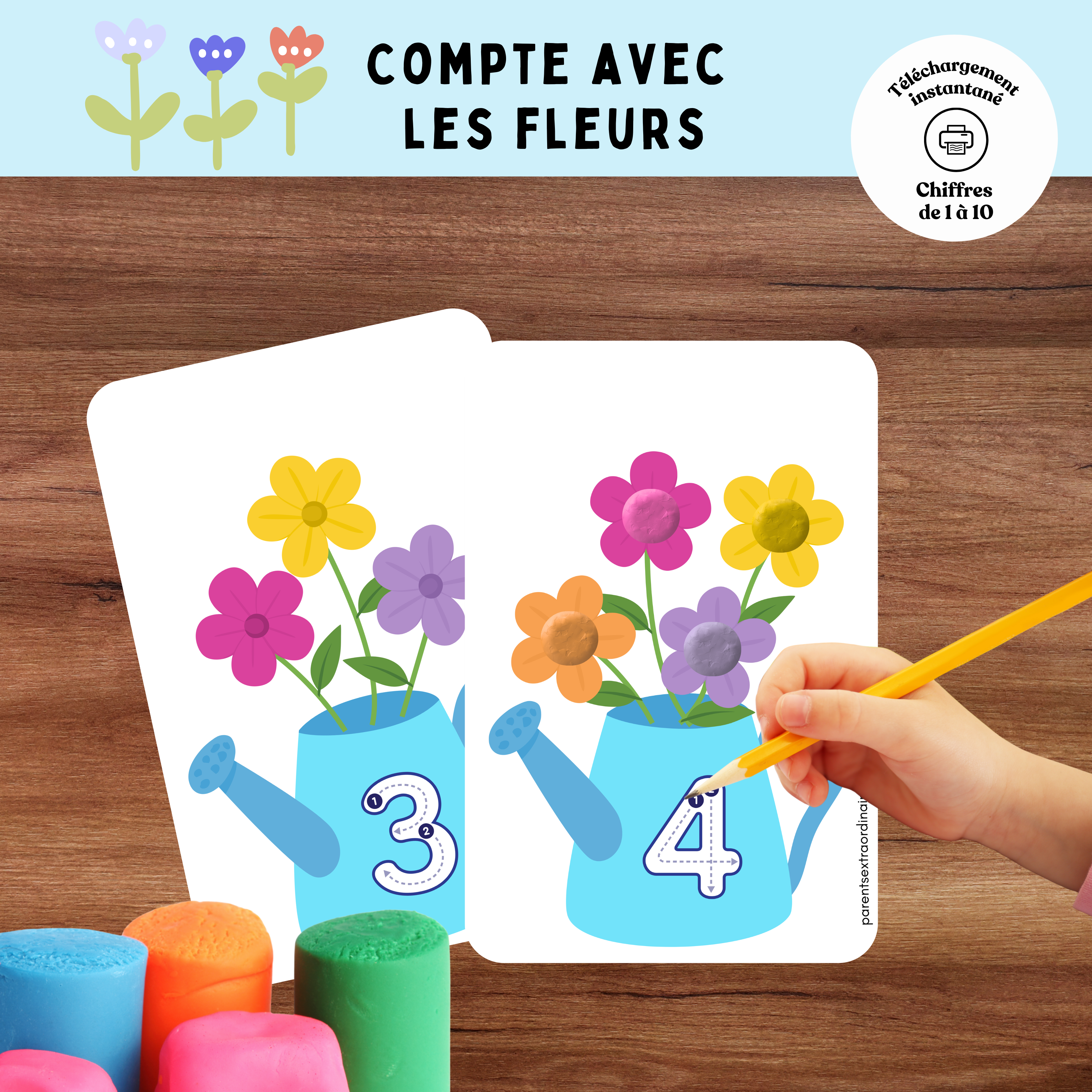 Activité gratuite compte avec les fleurs à imprimer où l’enfant compte et manipule des pompons ou pâte à modeler.
