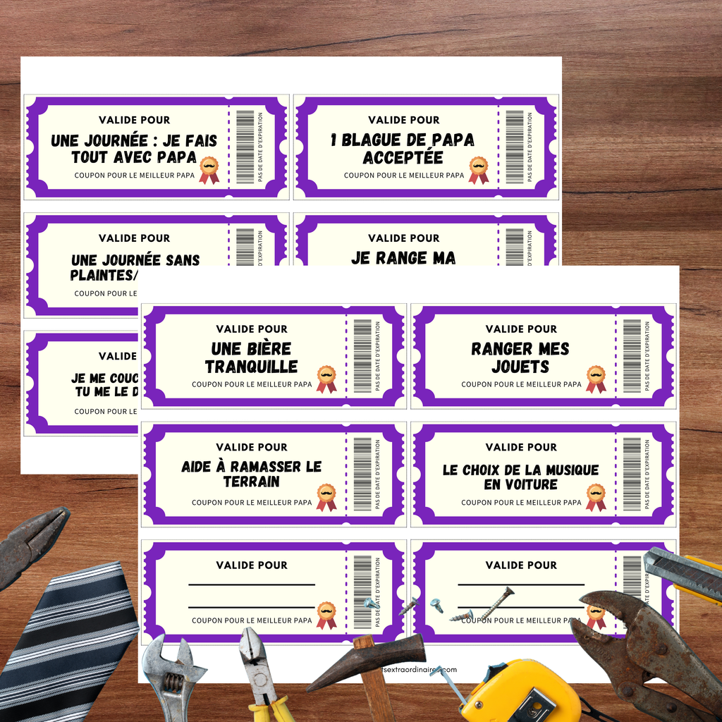 Coupons privilèges pour papa à imprimer, incluant bons vierges à personnaliser par l’enfant.