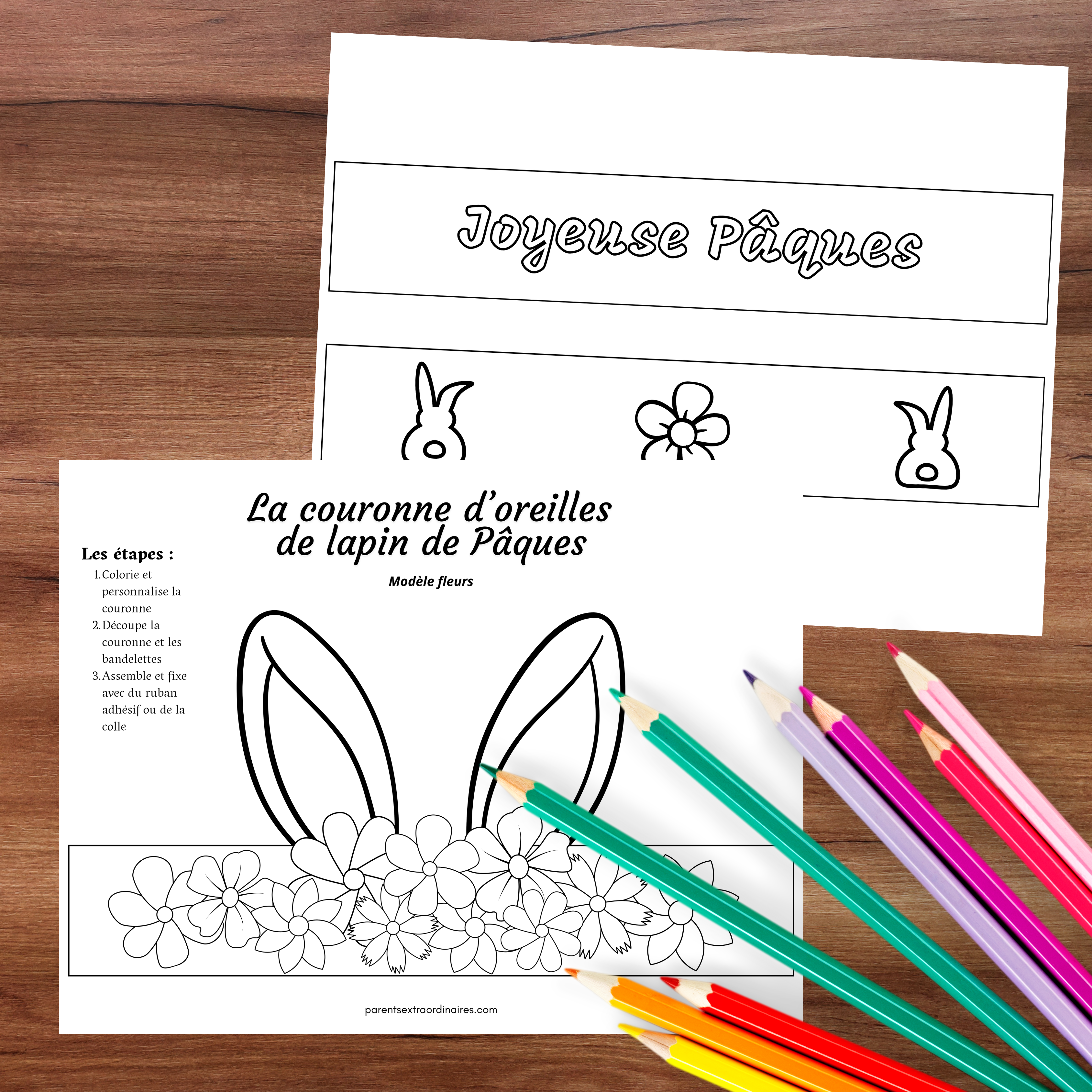 Activité créative où l’enfant découpe et assemble une couronne de lapin de Pâques.