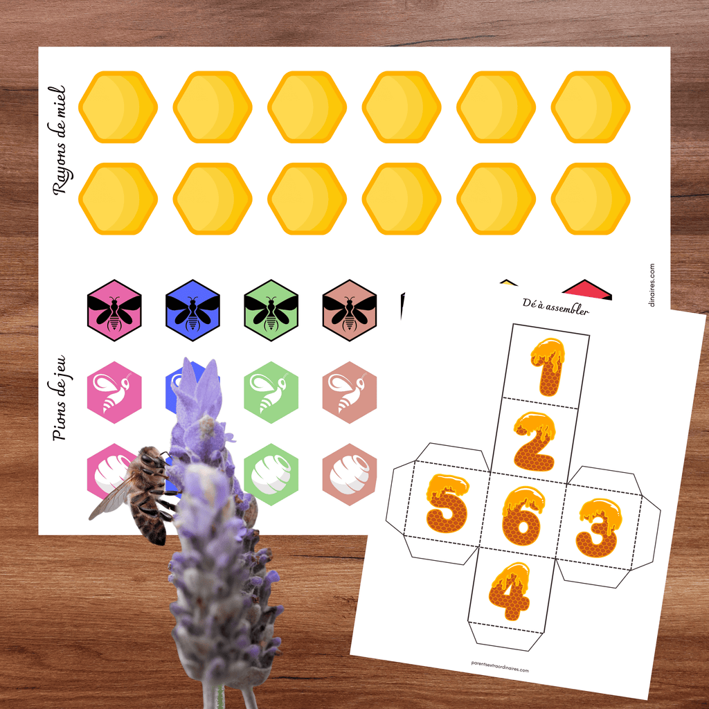 Jeu de société sur le thème des abeilles où les enfants récoltent des rayons de miel pour remplir leur ruche.