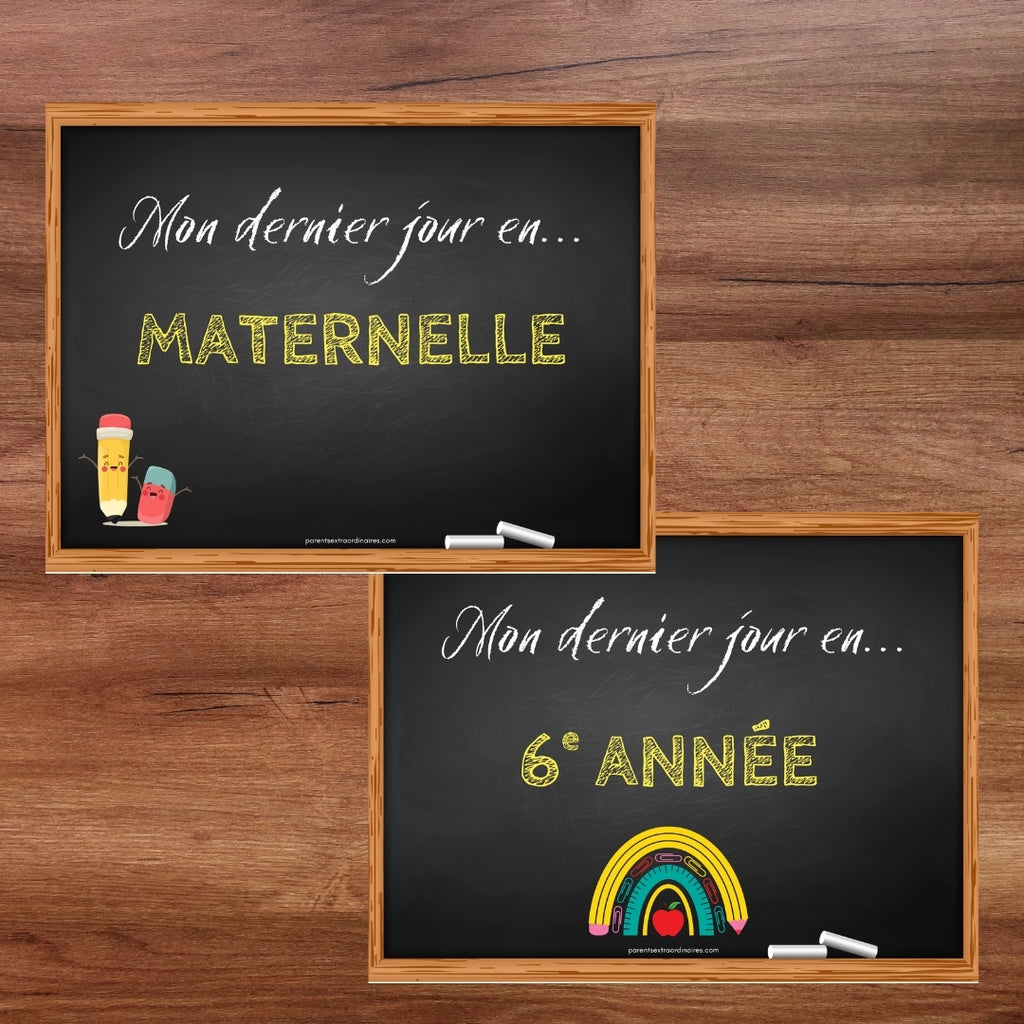 Deux modèles d'affiches du dernier jour d'école à imprimer pour créer un souvenir de fin d'année scolaire.