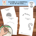 Ensemble de dessins à compléter avec contraintes permettant aux enfants de transformer des formes simples en illustrations originales. Une activité créative conçue pour développer l’imagination, la réflexion artistique, l’observation et l’expression personnelle.