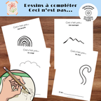 Ensemble de dessins à compléter avec contraintes permettant aux enfants de transformer des formes simples en illustrations originales. Une activité créative conçue pour développer l’imagination, la réflexion artistique, l’observation et l’expression personnelle.