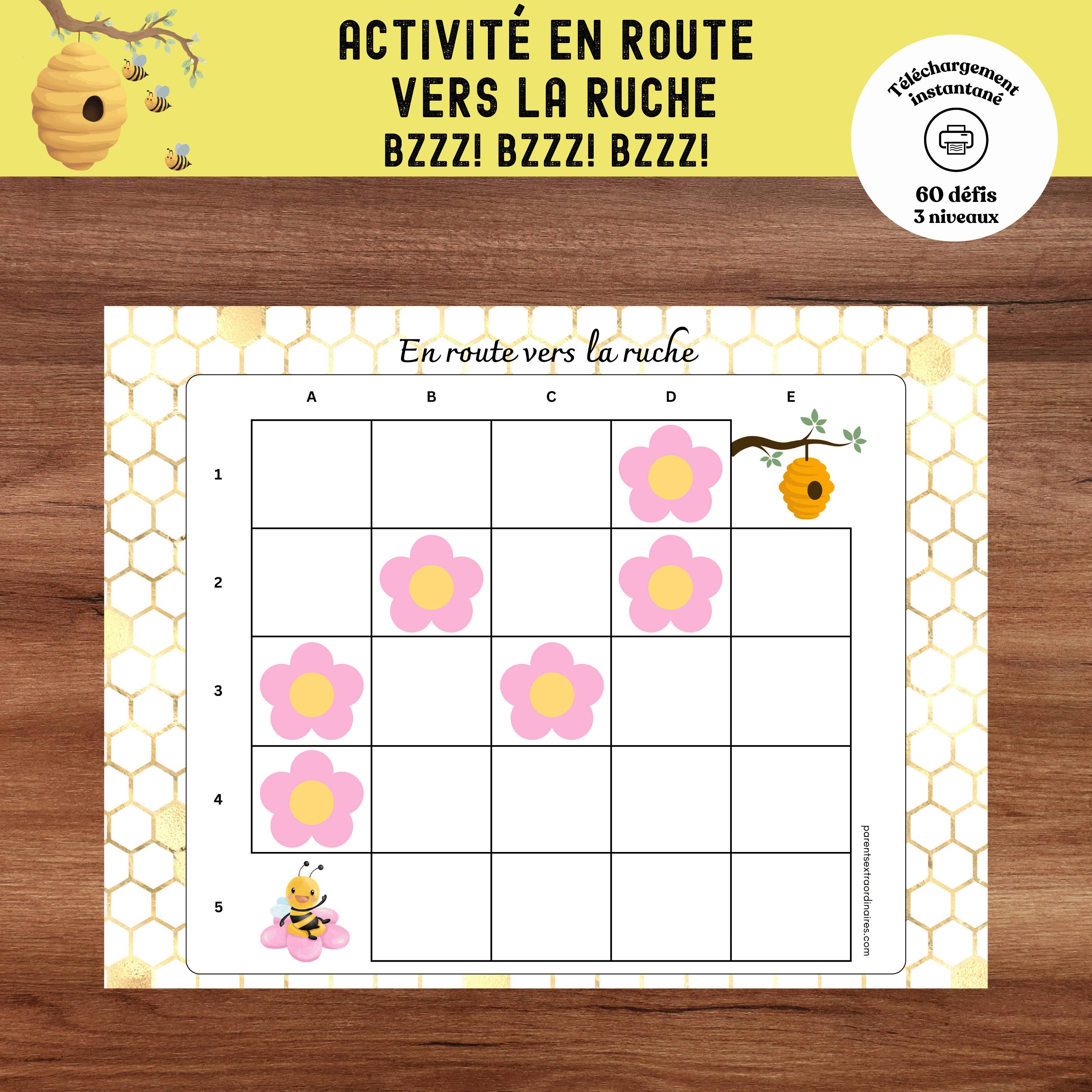 Activité En route vers la ruche à imprimer où les enfants reproduisent un chemin de fleurs menant à la ruche selon des cartes défis.