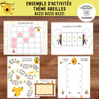 Ensemble d'activités éducatives sur le thème des abeilles comprenant un jeu de société, des défis de logique, des exercices de pré-écriture et des bricolages scientifiques.